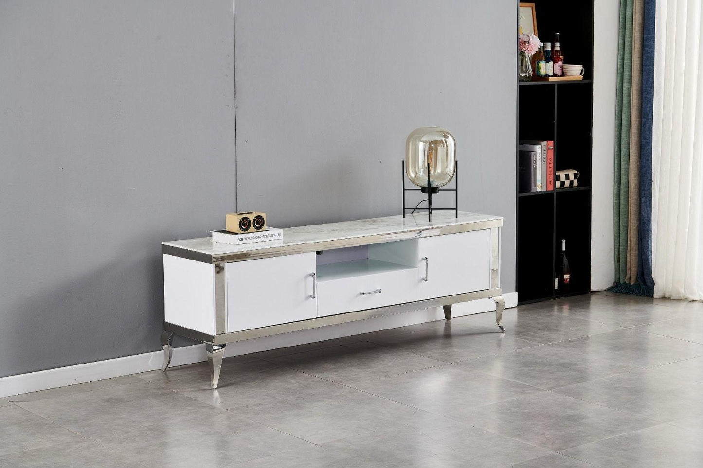 Meuble TV « Baroque» Blanc/Argent Marbre Blanc Gris