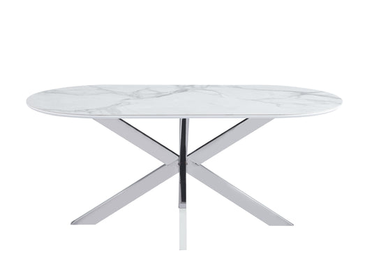 Table à manger « Manon» en céramique marbre blanc 180x90 cm - pieds chrome