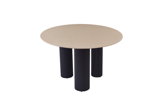 Table à manger « Anaîs » 3 pieds effet travertin plateau céramique beige brillant 120 cm