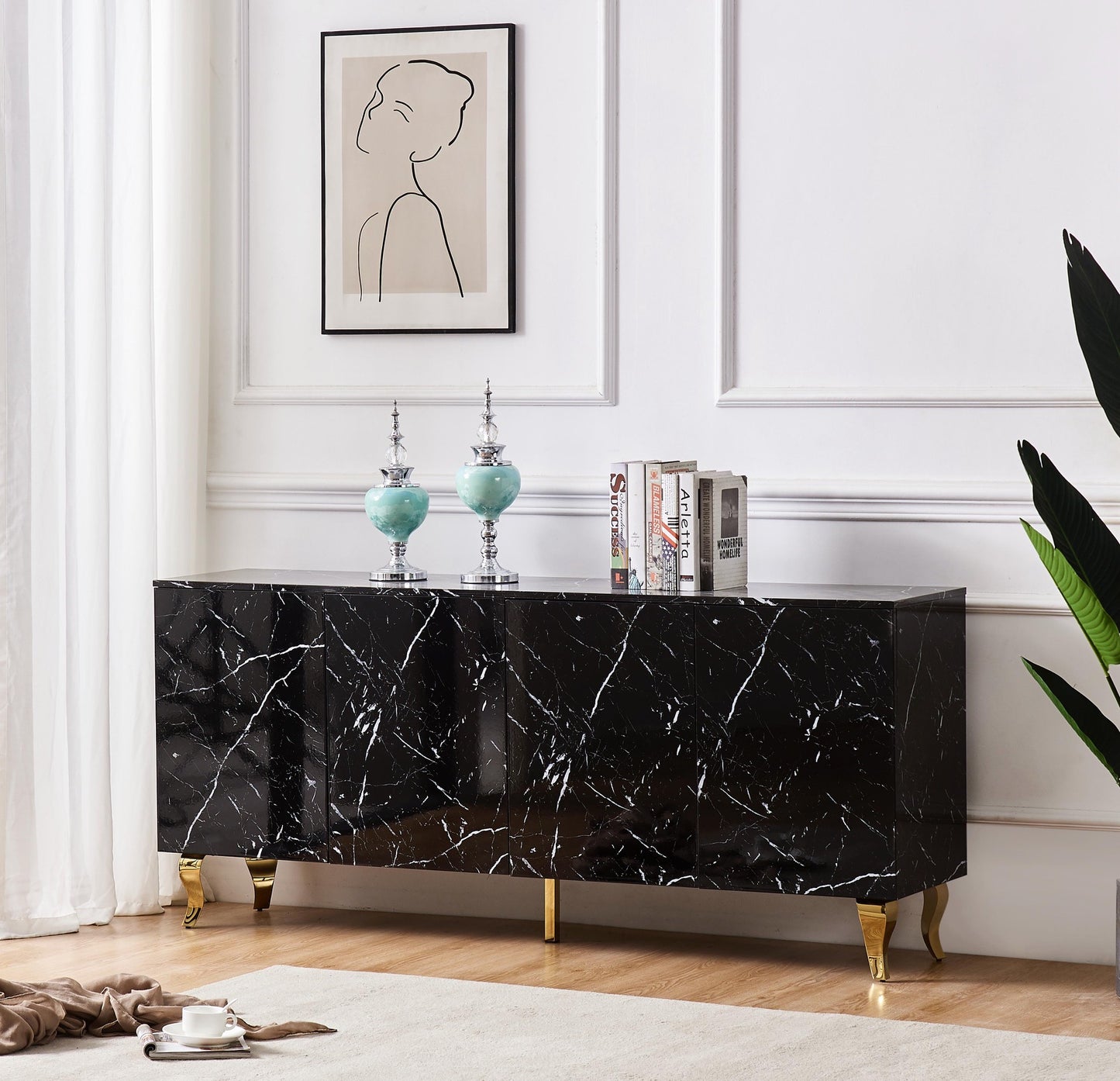 Buffet Baroque Laque Marbre Noir 4 Portes Pied Gold 180x40x80 cm