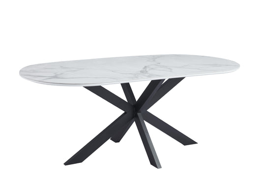 Table à manger « Manon» en céramique marbre blanc 200x100 cm - pieds métal noir