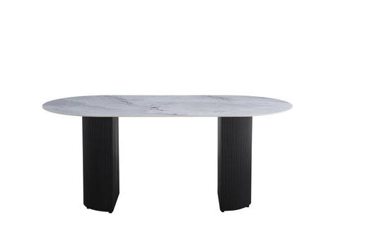 Table à manger « Anna » en céramique marbre gris pieds métal noir