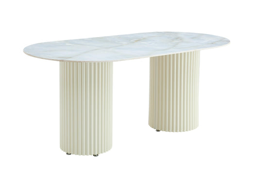 Table à manger « Keysha » beige pieds colonnes effet travertin plateau céramique marbre moka 180x90 cm