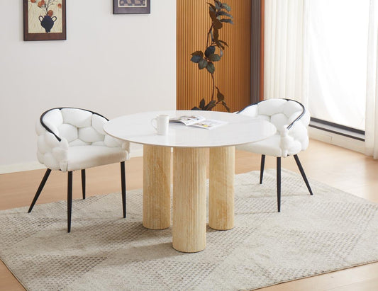 Table à manger « Anaîs » 3 pieds effet travertin plateau céramique marbre blanc 120 cm