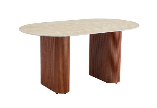 Table à manger « Roxy » beige en céramique mat pieds noisette effet travertin