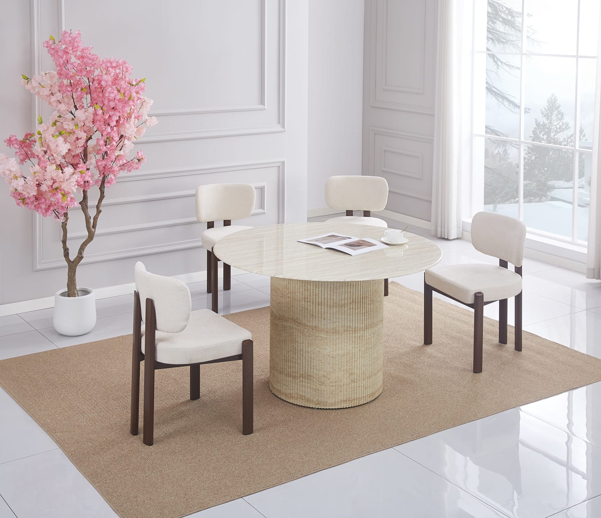 TABLE A MANGER RONDE BAIETAA PLATEAU CERAMIQUE TRAVERTIN BRILLANT PIED EFFET TRAVERTIN 120CM