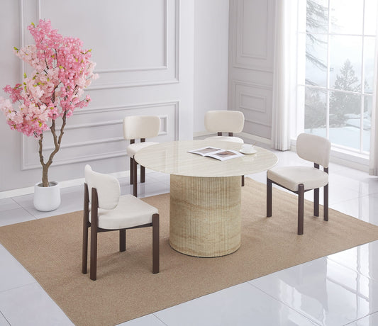 TABLE A MANGER RONDE BAIETAA PLATEAU CERAMIQUE TRAVERTIN BRILLANT PIED EFFET TRAVERTIN 120CM