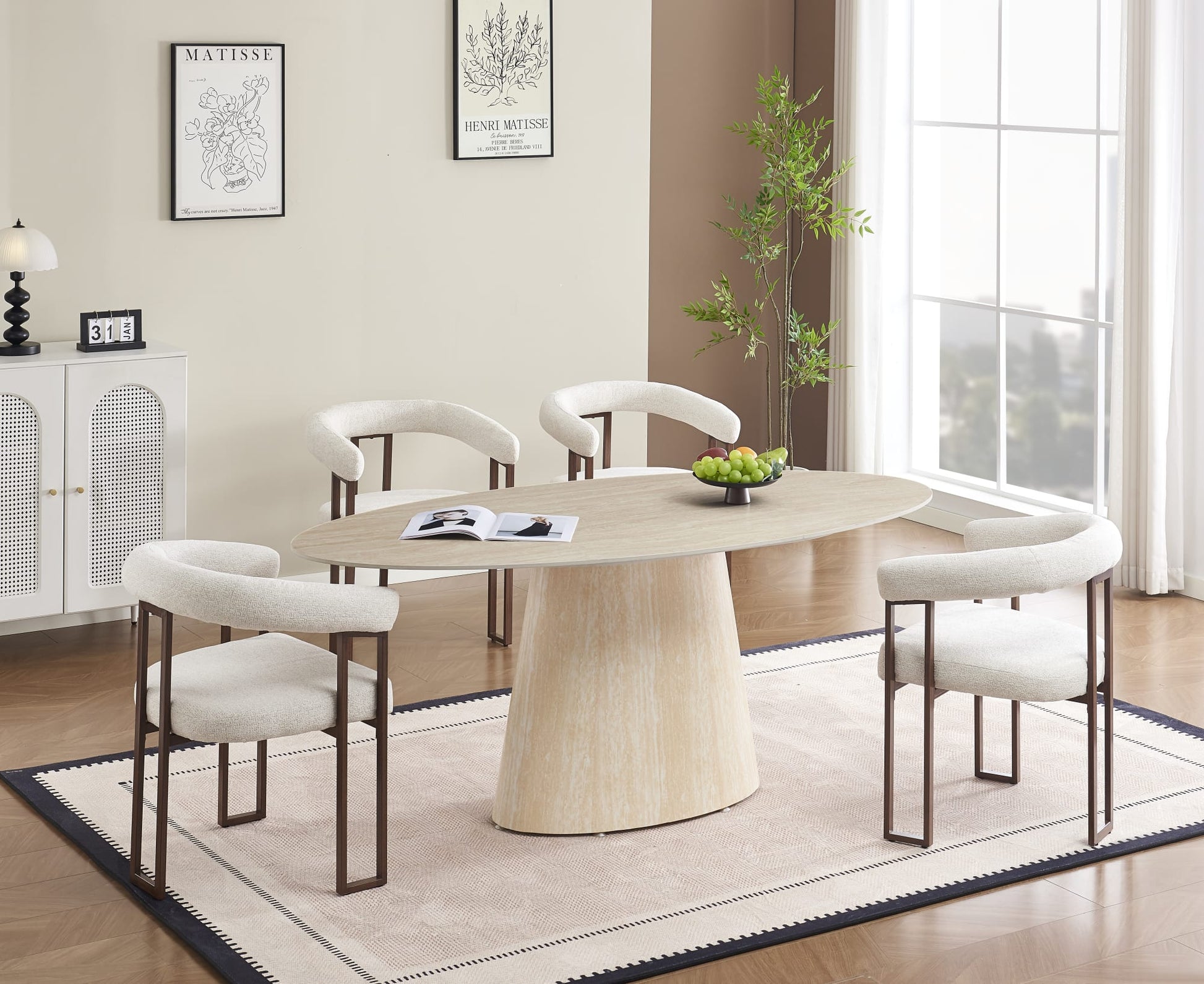 TABLE REPAS OVO PIED METAL EFFET TRAVERTIN PLATEAU CERAMIQUE TRAVERTIN 180CM