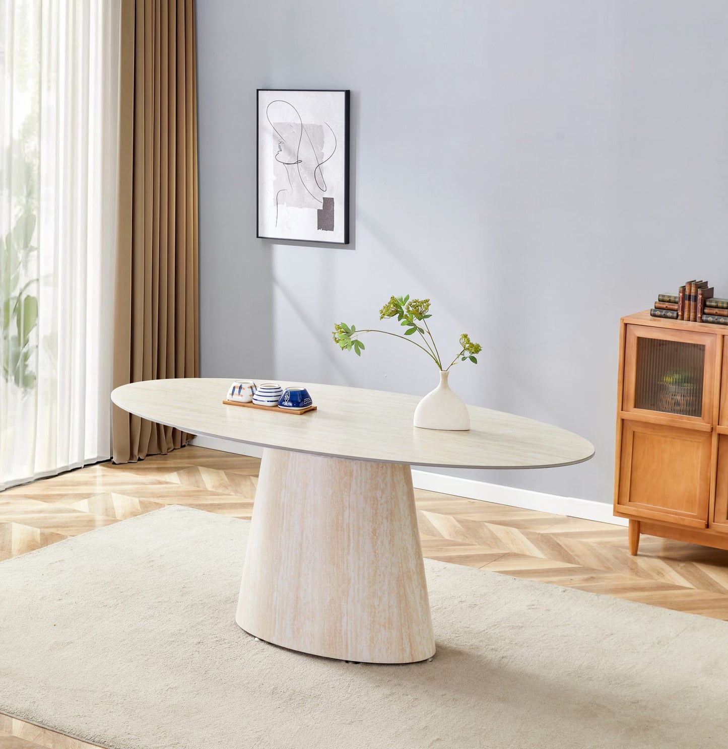 TABLE REPAS OVO PIED METAL EFFET TRAVERTIN PLATEAU CERAMIQUE TRAVERTIN 180CM