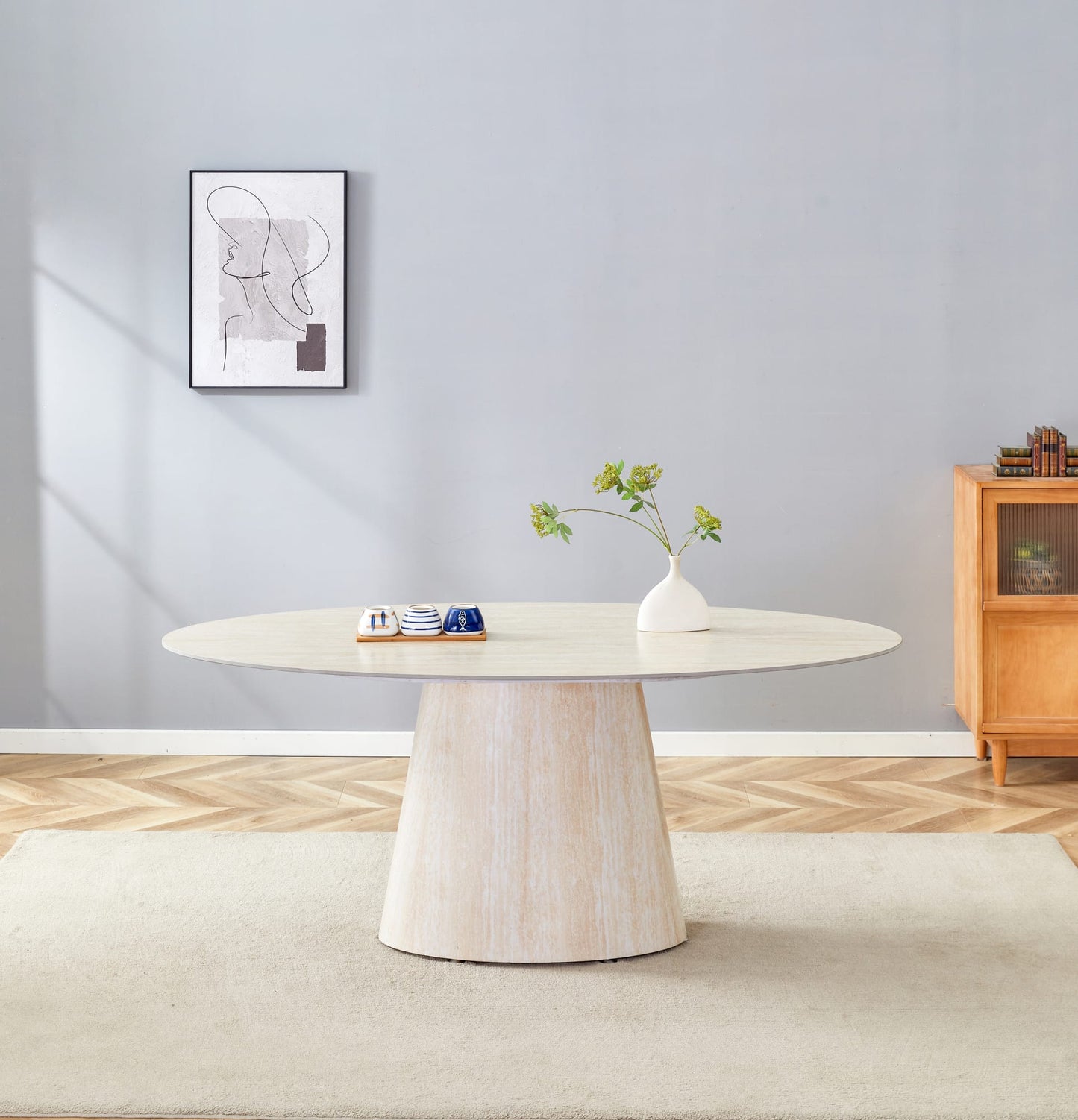 TABLE REPAS OVO PIED METAL EFFET TRAVERTIN PLATEAU CERAMIQUE TRAVERTIN 180CM