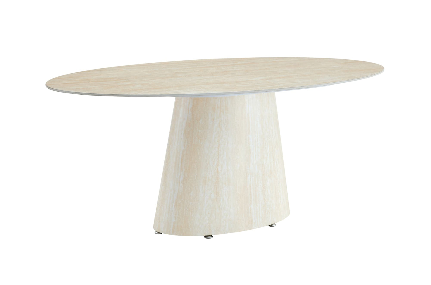 TABLE REPAS OVO PIED METAL EFFET TRAVERTIN PLATEAU CERAMIQUE TRAVERTIN 180CM