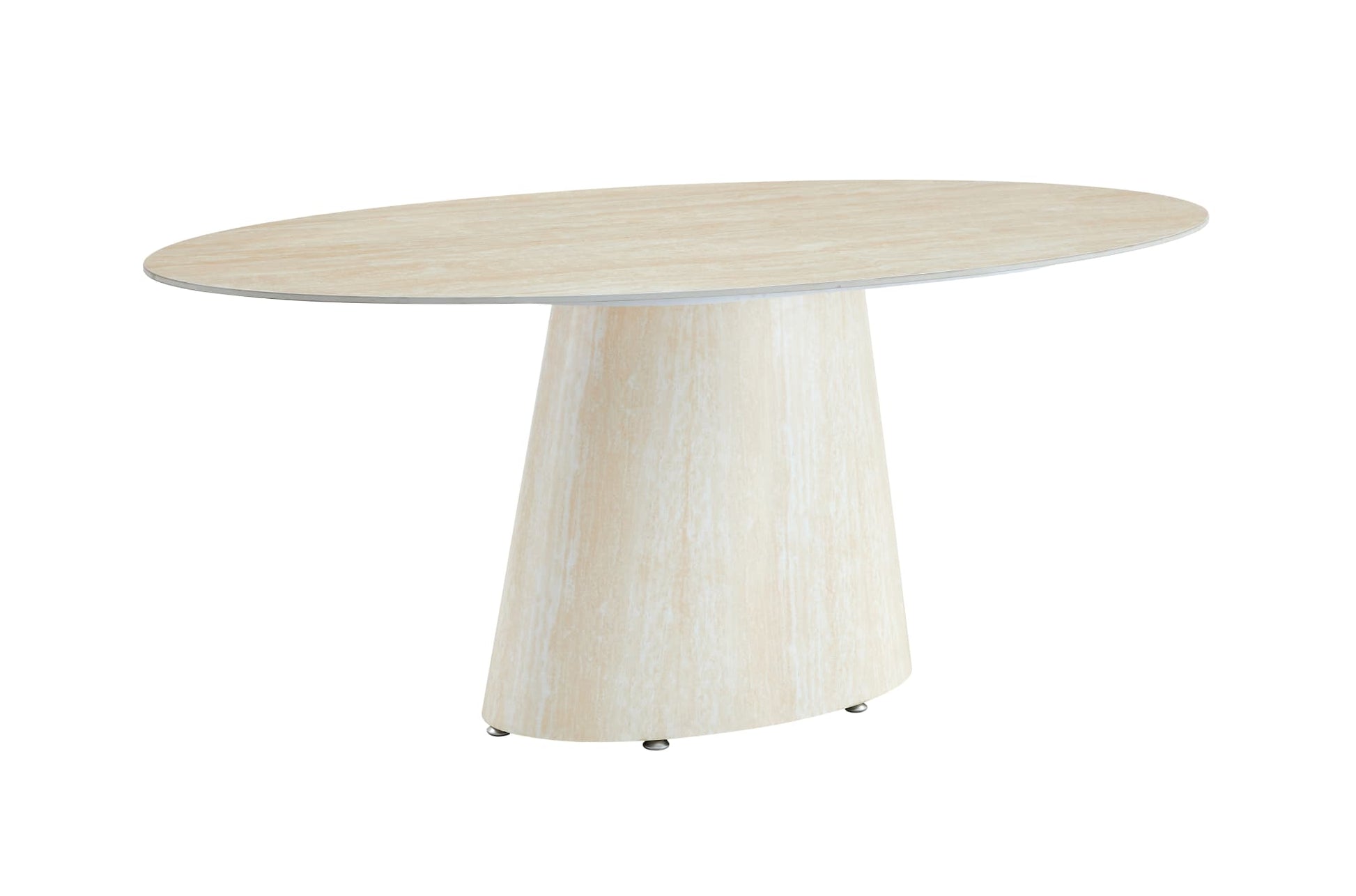 TABLE REPAS OVO PIED METAL EFFET TRAVERTIN PLATEAU CERAMIQUE TRAVERTIN 180CM