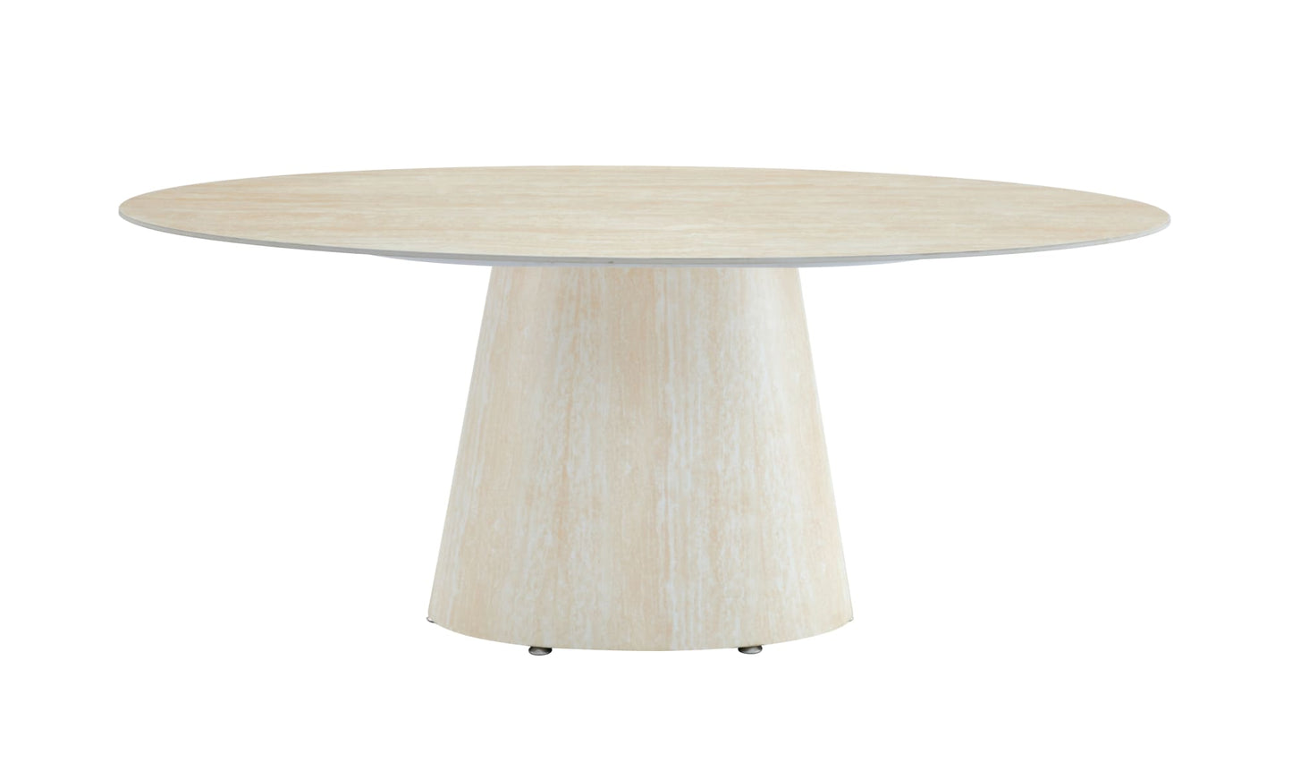 TABLE REPAS OVO PIED METAL EFFET TRAVERTIN PLATEAU CERAMIQUE TRAVERTIN 180CM