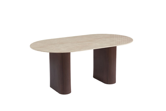 TABLE A MANGER ROXY PIED NOYER PLATEAU CERAMIQUE TRAVERTIN BRILLANT 180CM