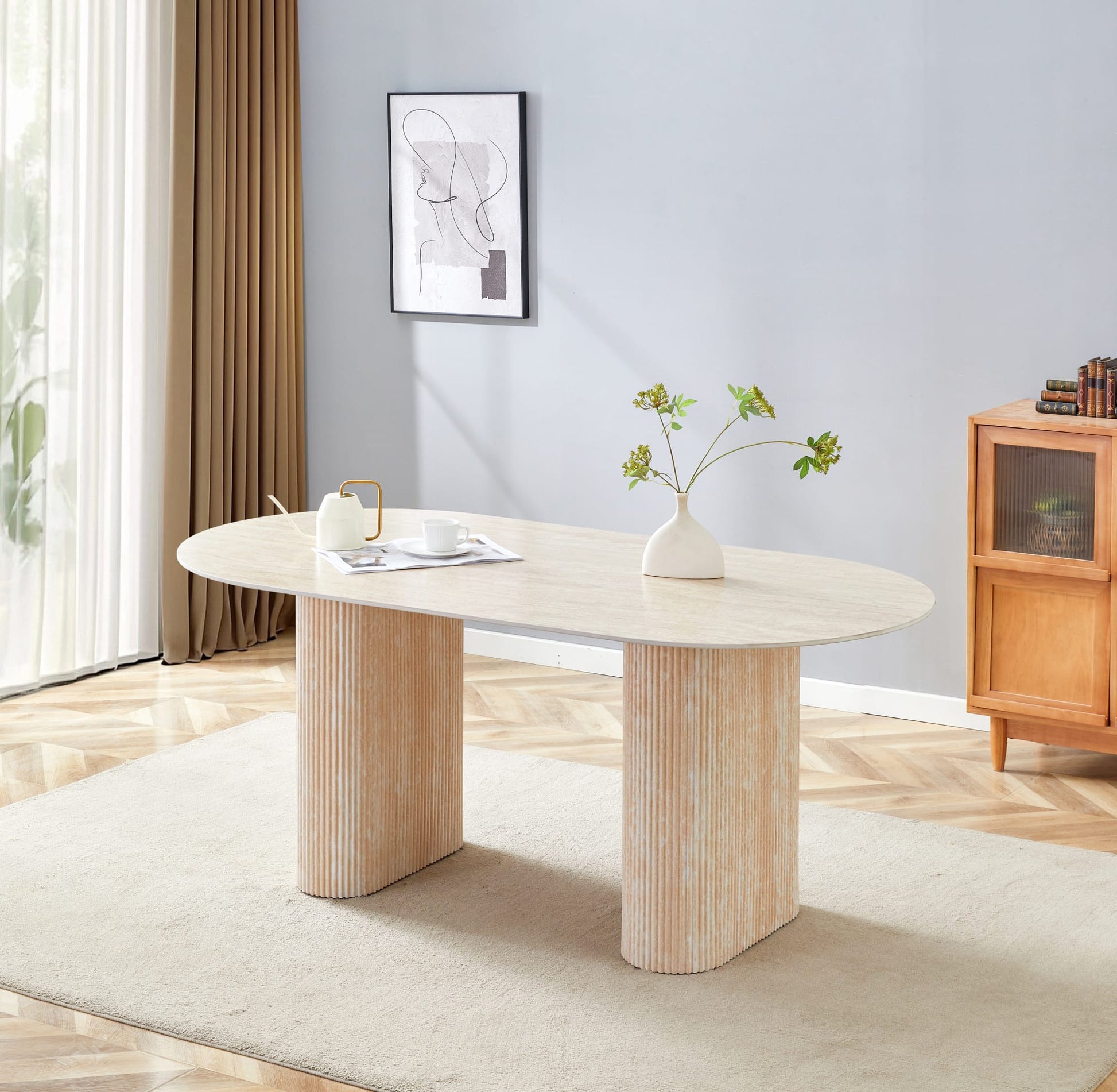 TABLE A MANGER ROXY PIED EFFET TRAVERTIN CERAMIQUE TRAVERTIN MAT 180x90cm
