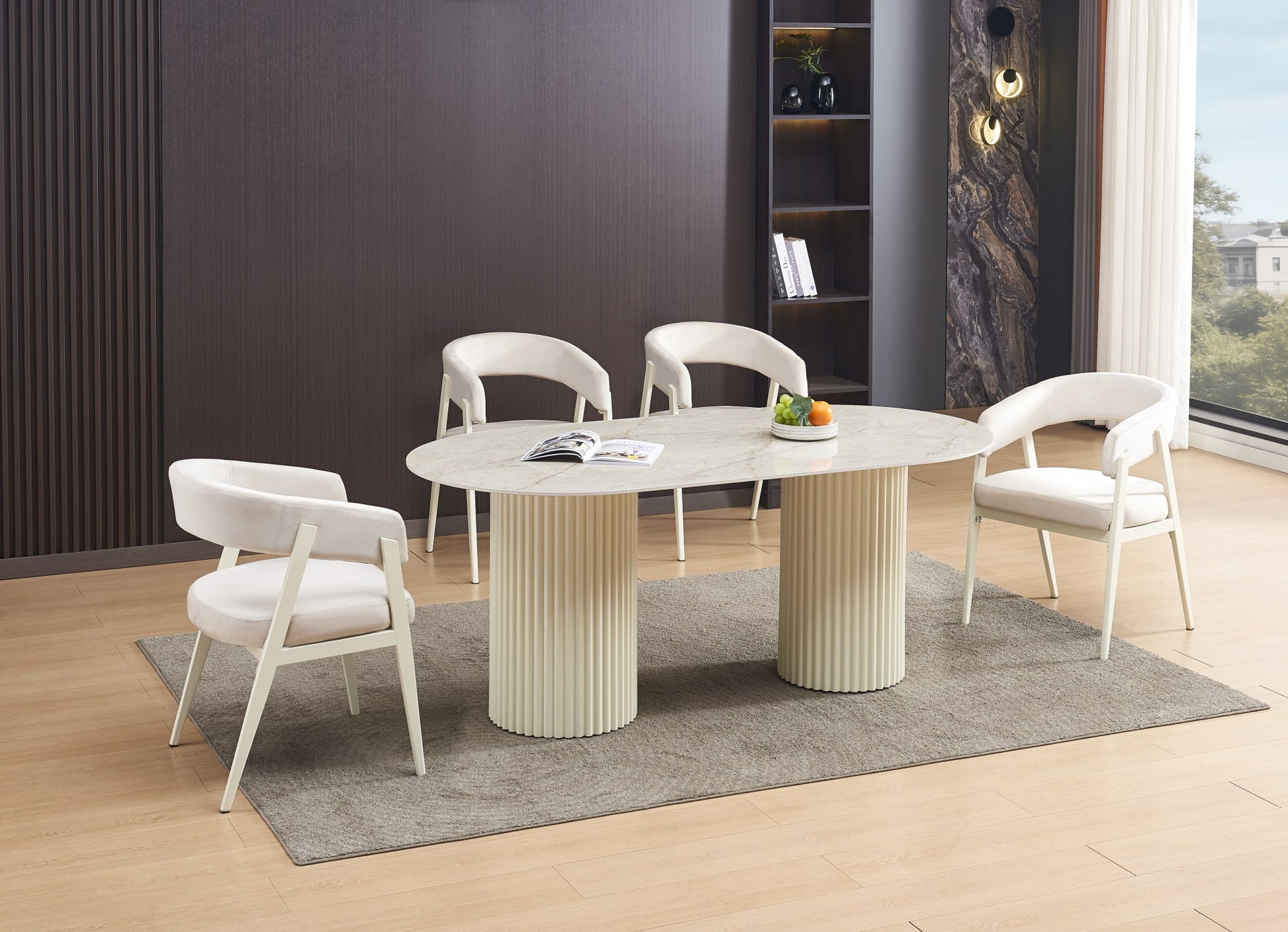 TABLE A MANGER KEYSHA PIED METAL BEIGE PLATEAU CERAMIQUE SHAKESPEARE GRIS180cm