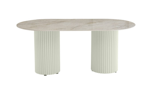 TABLE A MANGER KEYSHA PIED METAL BEIGE PLATEAU CERAMIQUE SHAKESPEARE GRIS160cm