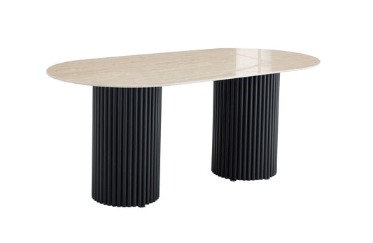 TABLE A MANGER KEYSHA PIED METAL NOIR CERAMIQUE TRAVERTIN BRILLANT 180cm