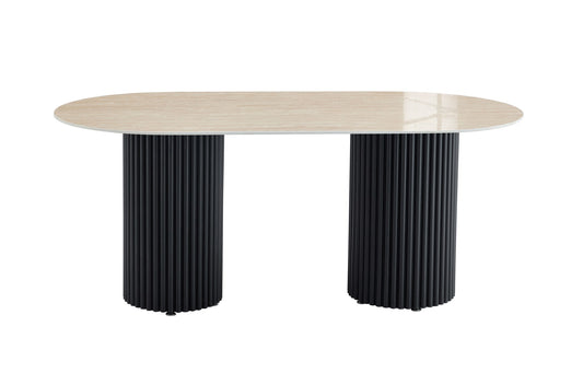 TABLE A MANGER KEYSHA PIED METAL NOIR CERAMIQUE TRAVERTIN BRILLANT 180cm