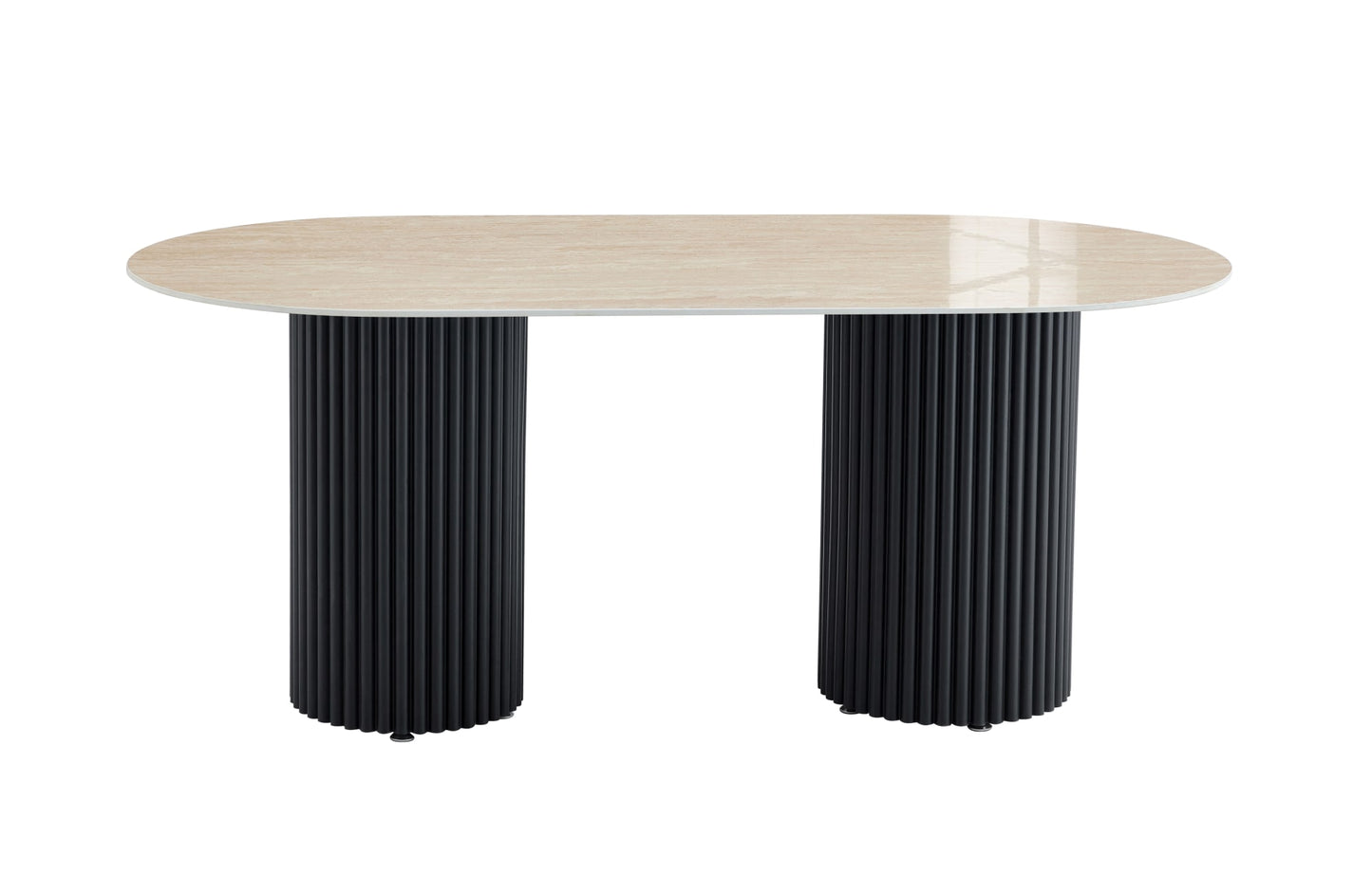 TABLE A MANGER KEYSHA PIED METAL NOIR CERAMIQUE TRAVERTIN BRILLANT 160cm