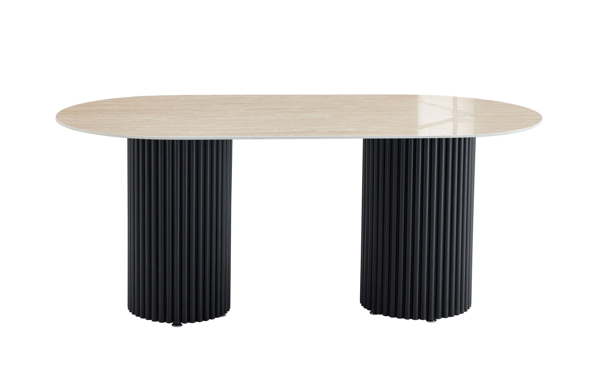TABLE A MANGER KEYSHA PIED METAL NOIR CERAMIQUE TRAVERTIN BRILLANT 160cm