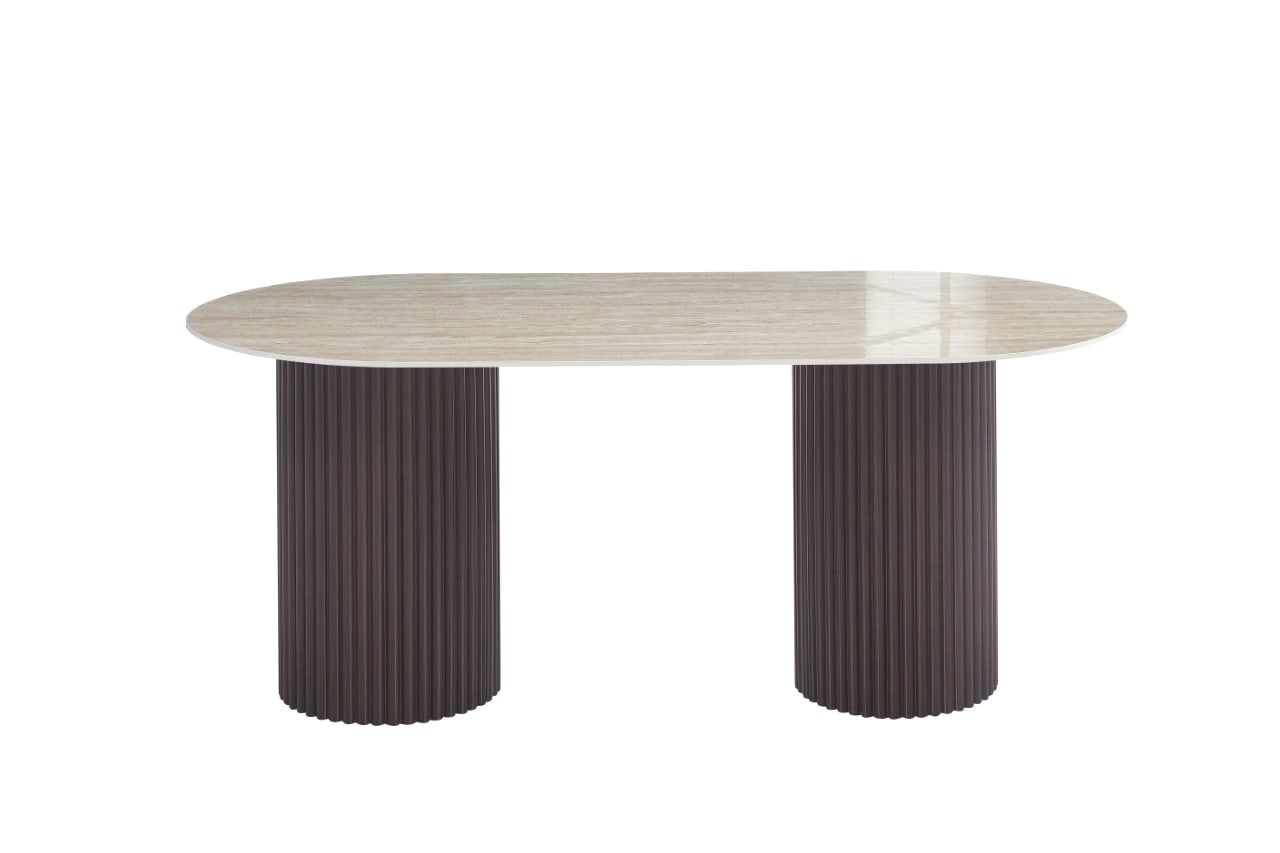 TABLE A MANGER KEYSHA PIED NOYER PLATEAU CERAMIQUE TRAVERTIN BRILLANT 180CM