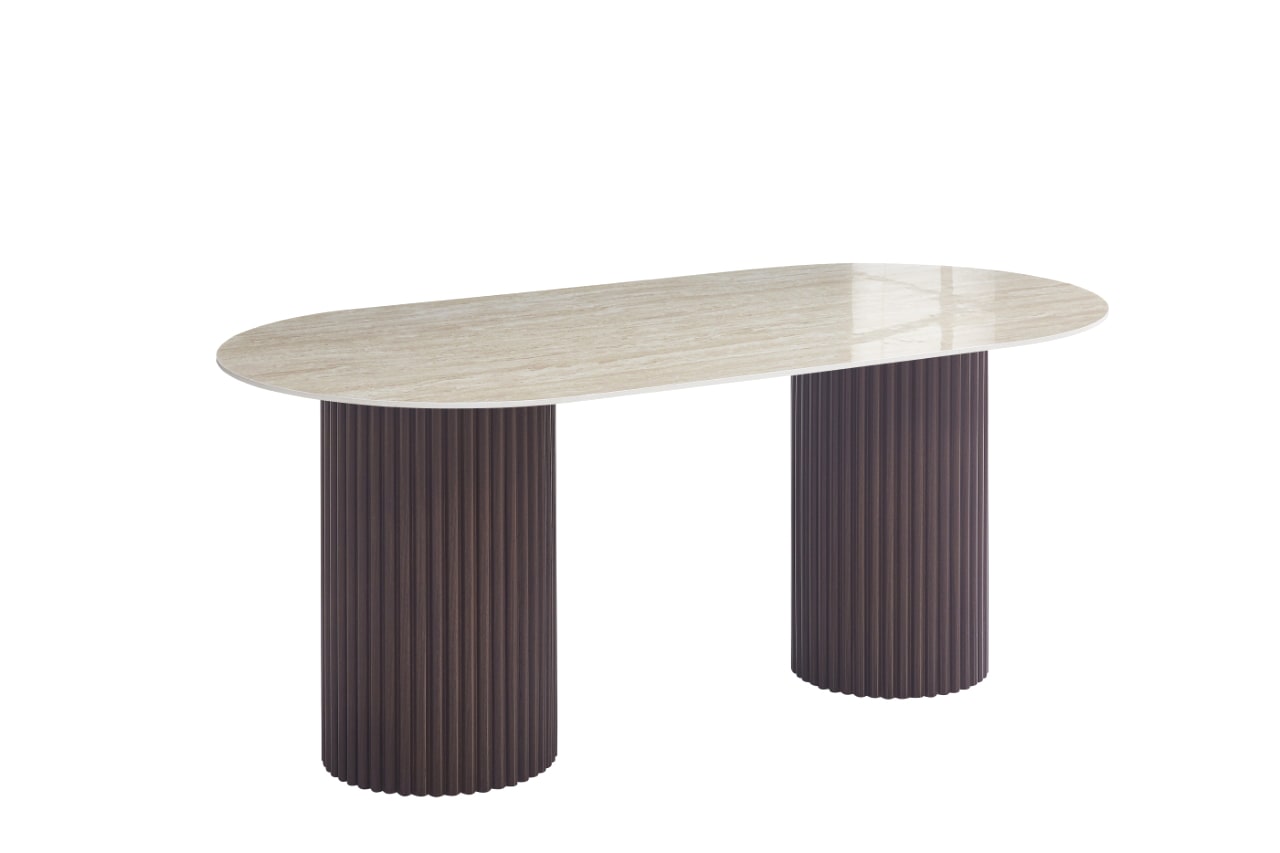 TABLE A MANGER KEYSHA PIED NOYER PLATEAU CERAMIQUE TRAVERTIN BRILLANT 180CM