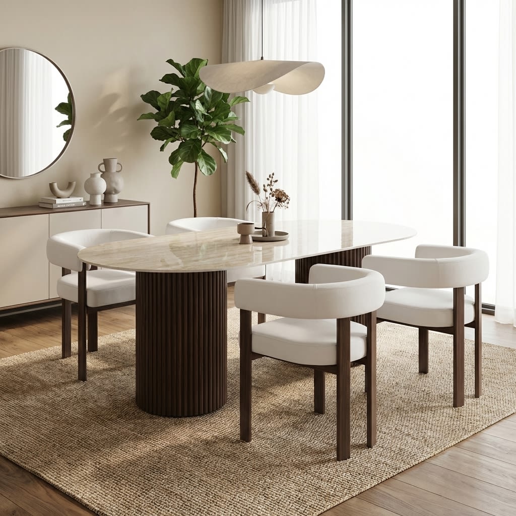 TABLE A MANGER KEYSHA PIED NOYER PLATEAU CERAMIQUE TRAVERTIN BRILLANT 180CM