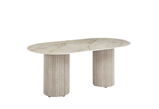 TABLE A MANGER KEYSHA PIED EFFET TRAVERTIN CERAMIQUE SHAKESPEARE GRIS 180cm
