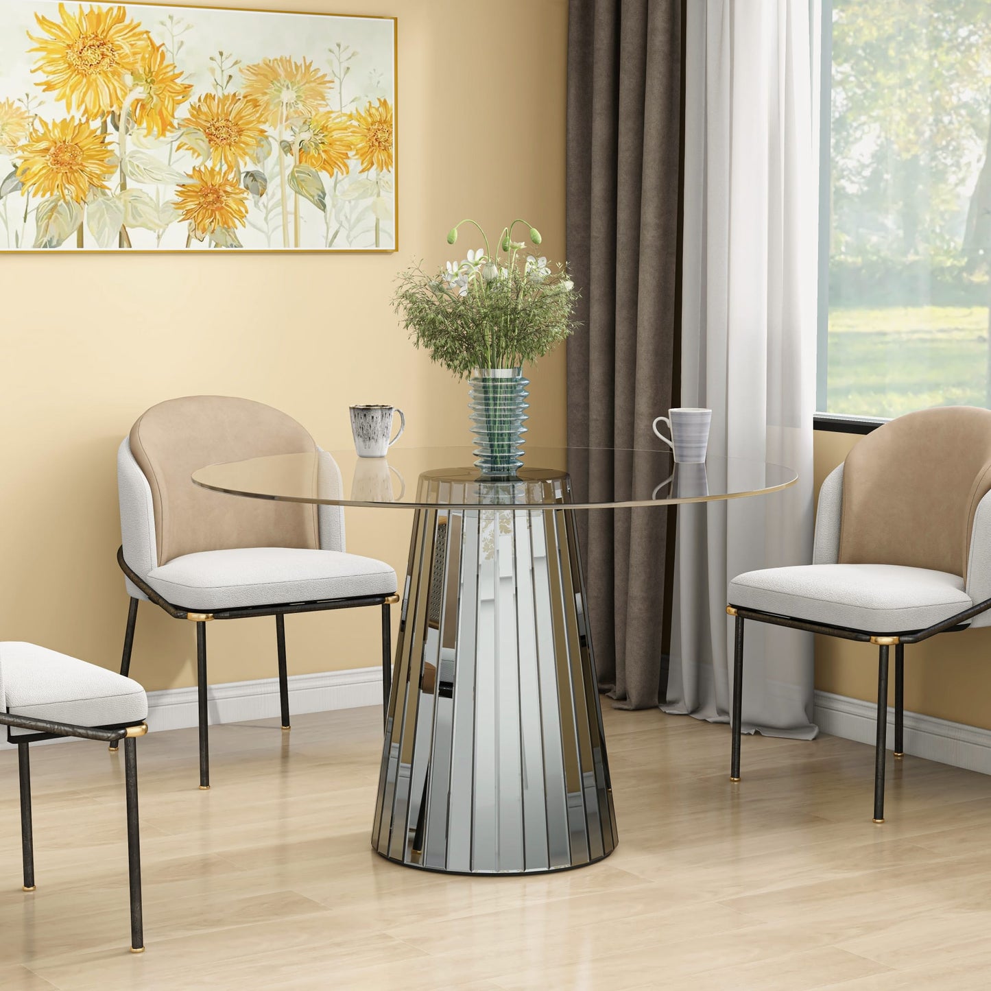 Table ronde DISCO miroir gris plateau transparent