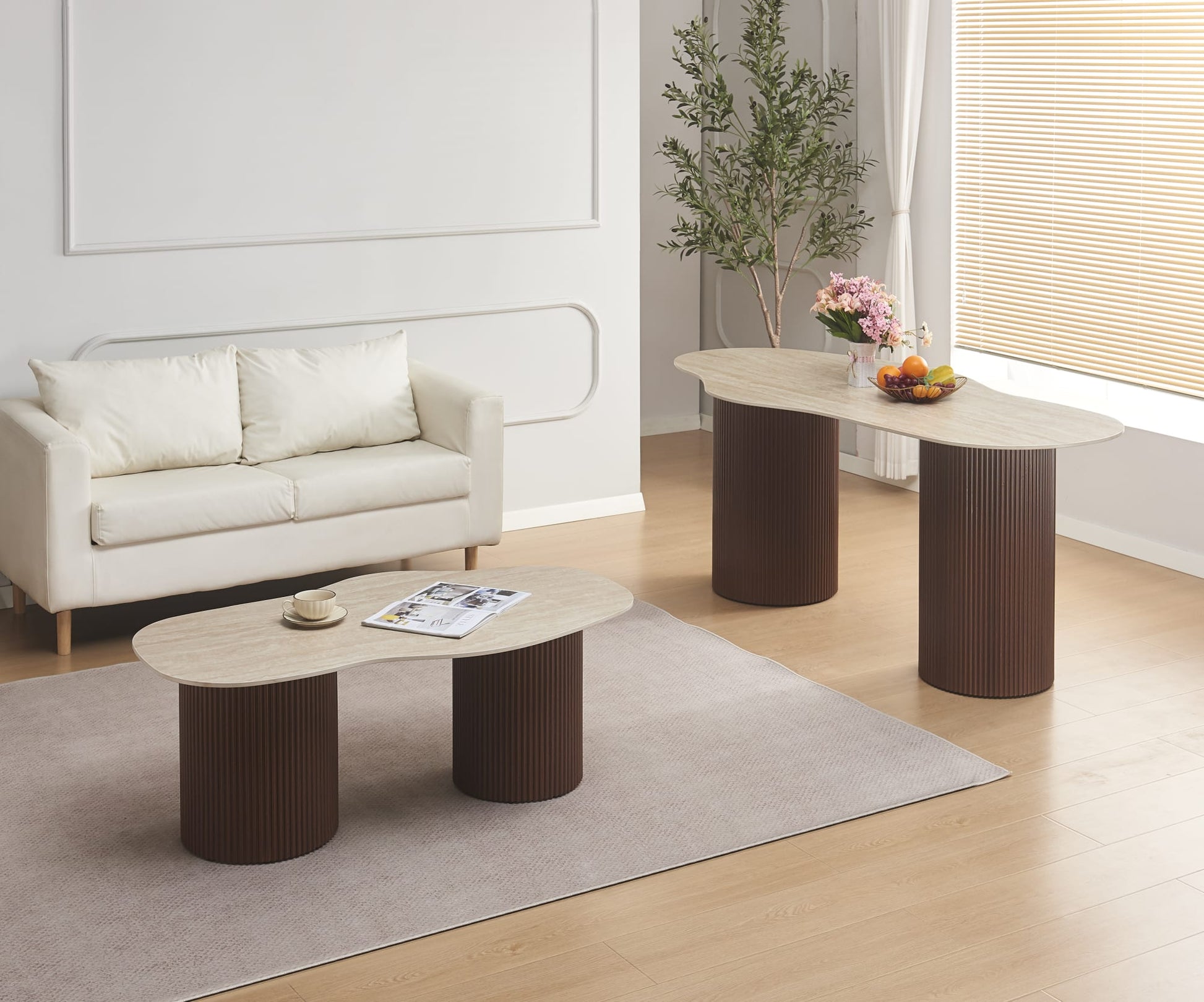 TABLE A MANGER NIKI PIED NOYER  PLATEAU CERAMIQUE TRAVERTIN MAT 180CM