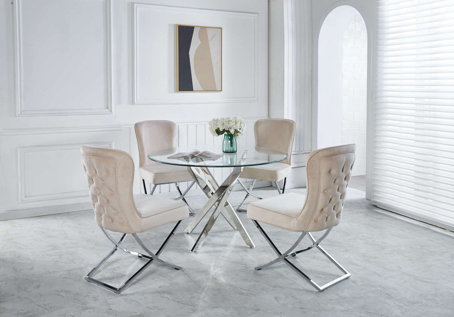 Table a manger ronde JESSICA chrome XXL 120 cm 4 couverts