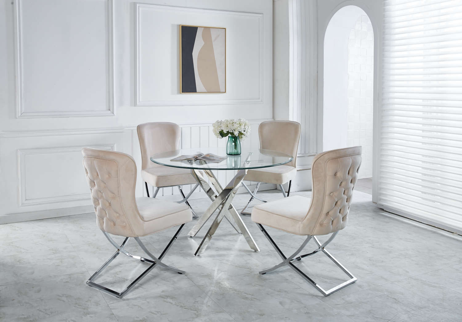 Table a manger ronde JESSICA chrome XXL 120 cm 4 couverts