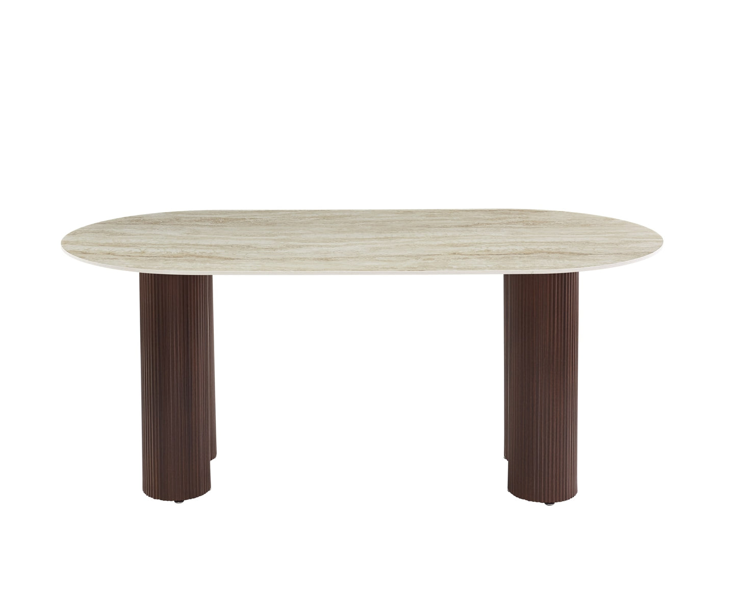TABLE A MANGER VENEZIA PIED METAL EFFET NOYER PLATEAU CERAMIQUE TRAVERTIN BRILLANT 180x90x75cm