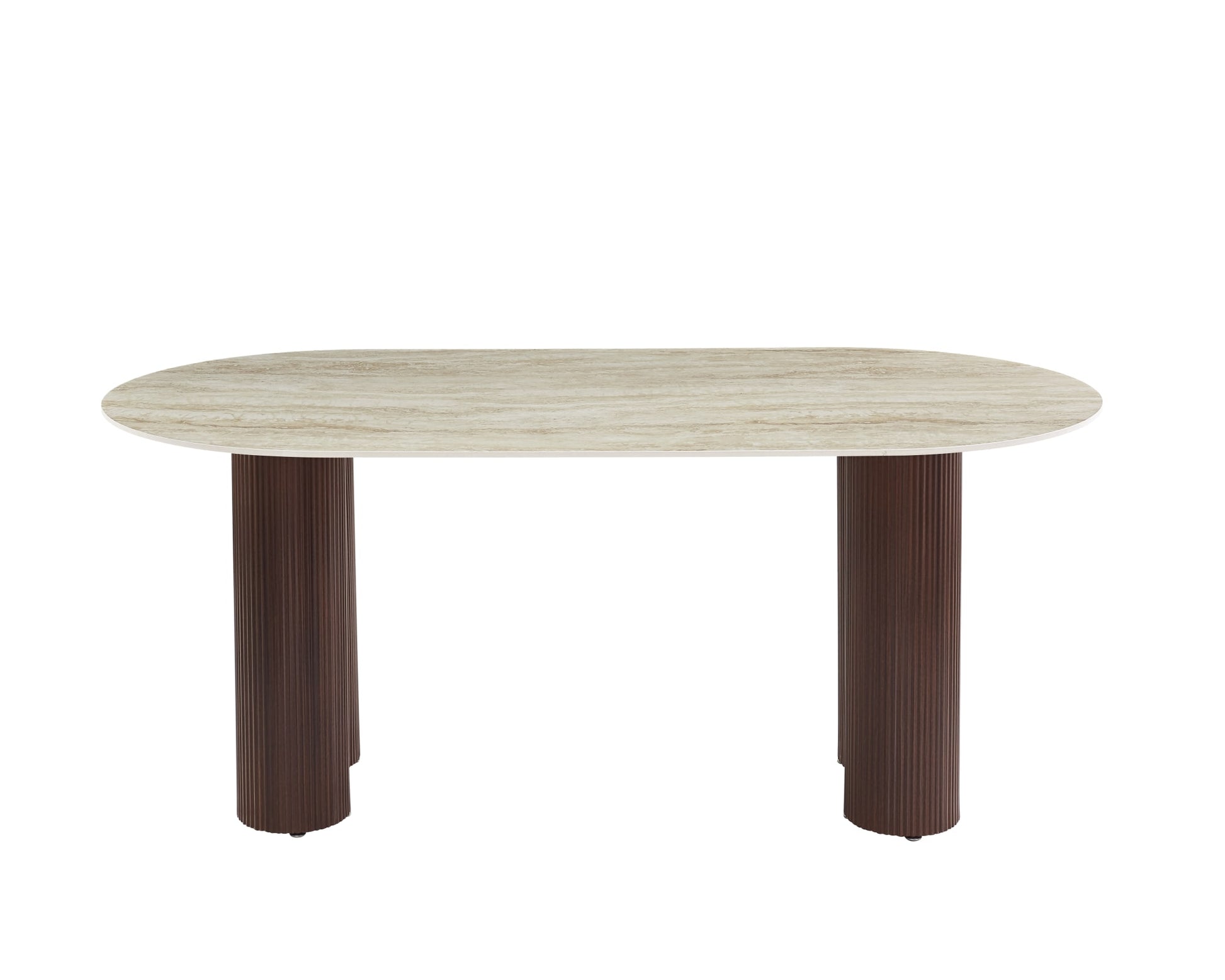 TABLE A MANGER VENEZIA PIED METAL EFFET NOYER PLATEAU CERAMIQUE TRAVERTIN BRILLANT 180x90x75cm