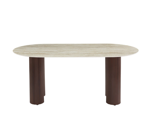 TABLE A MANGER VENEZIA PIED METAL EFFET NOYER PLATEAU CERAMIQUE TRAVERTIN BRILLANT 180x90x75cm