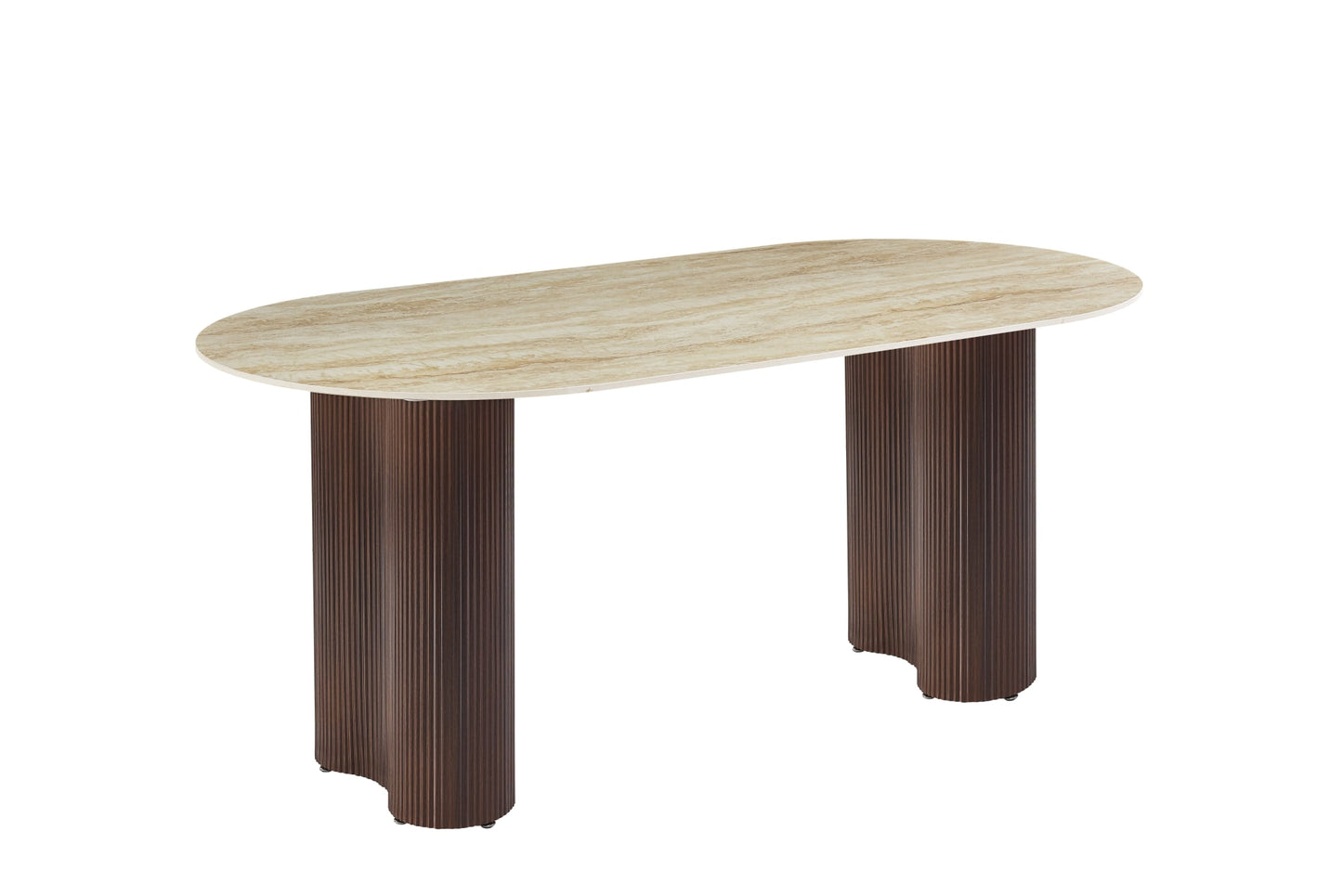 TABLE A MANGER VENEZIA PIED METAL EFFET NOYER PLATEAU CERAMIQUE TRAVERTIN BRILLANT 180x90x75cm
