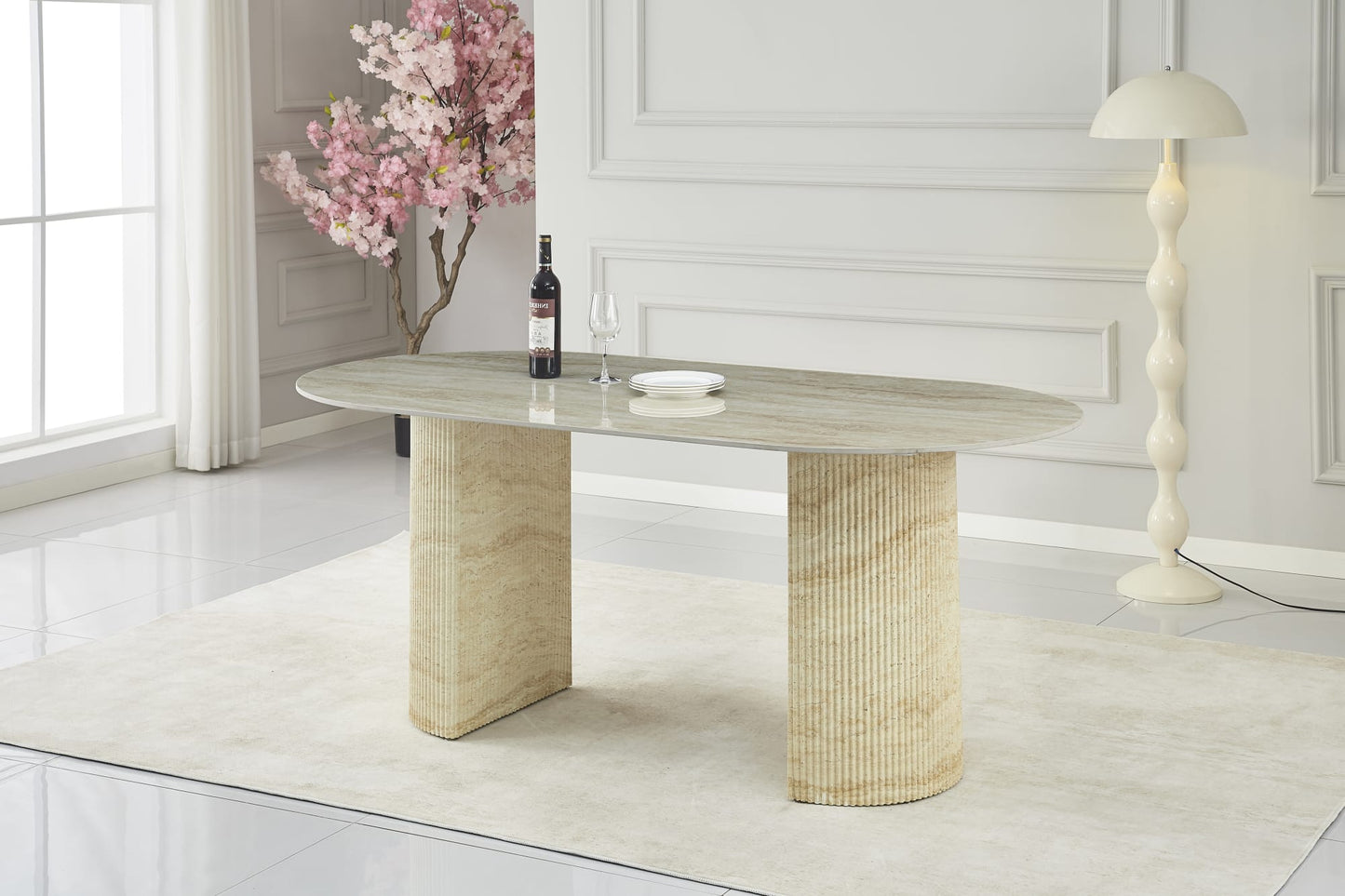 TABLE A MANGER ANNA PIED METAL EFFET TRAVERTIN PLATEAU CERAMIQUE TRAVERTIN BRILLANT 180x90x75cm
