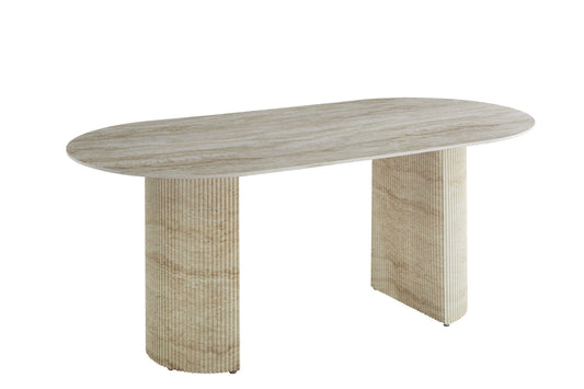 TABLE A MANGER ANNA PIED METAL EFFET TRAVERTIN PLATEAU CERAMIQUE TRAVERTIN BRILLANT 180x90x75cm