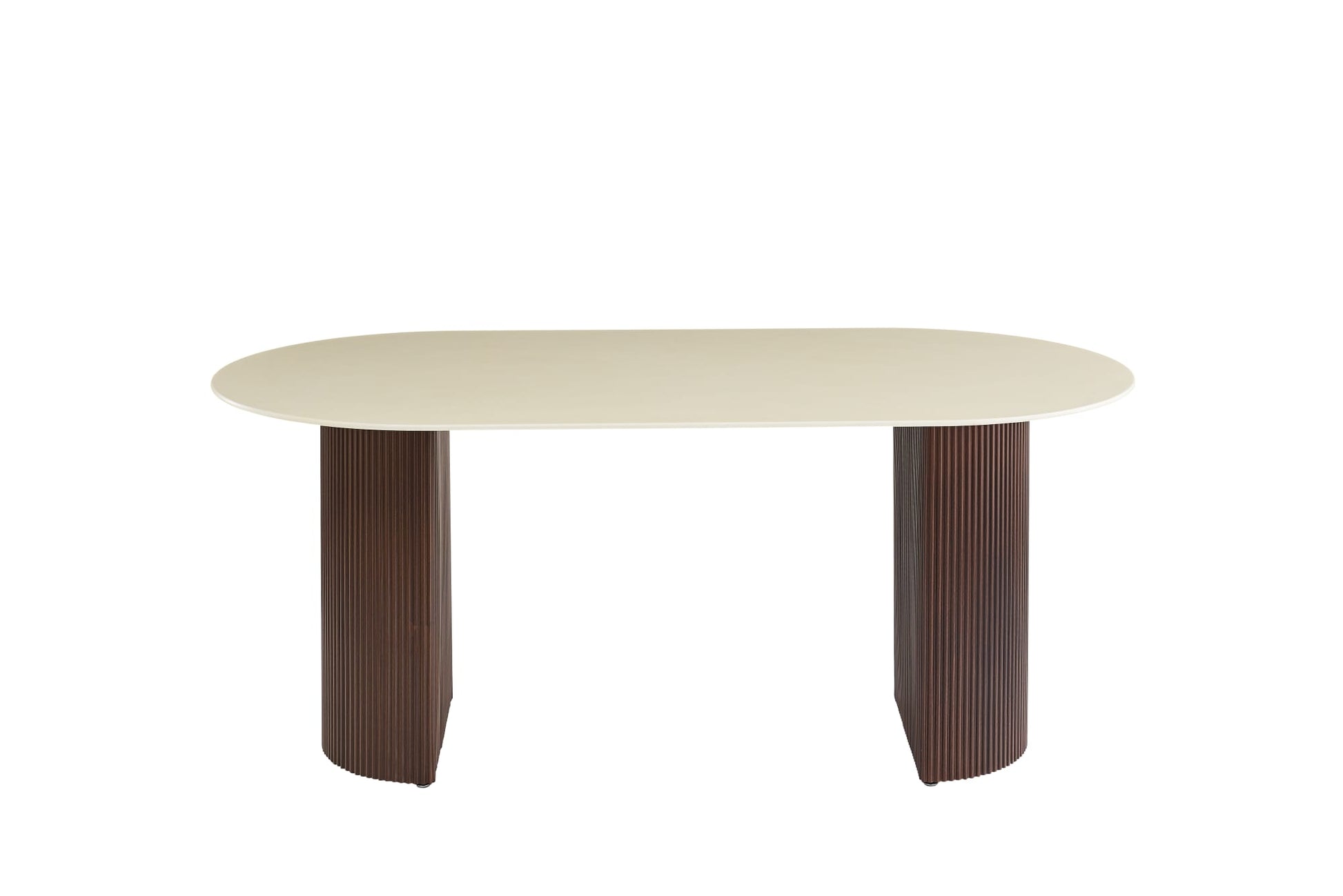 TABLE A MANGER ANNA PIED METAL EFFET NOYER PLATEAU CERAMIQUE BEIGE BRILLANT 180x90x75cm