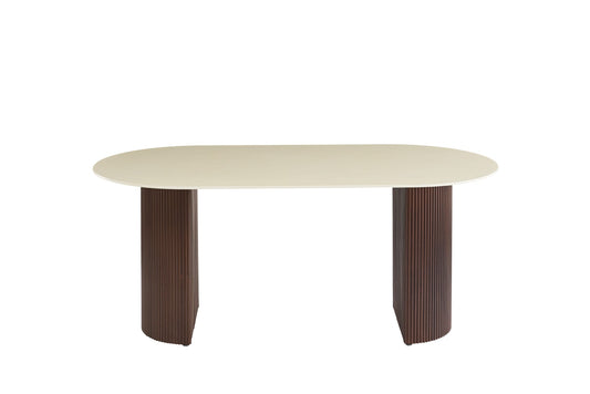 TABLE A MANGER ANNA PIED METAL EFFET NOYER PLATEAU CERAMIQUE BEIGE BRILLANT 180x90x75cm