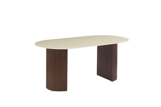 TABLE A MANGER ANNA PIED METAL EFFET NOYER PLATEAU CERAMIQUE BEIGE BRILLANT 180x90x75cm
