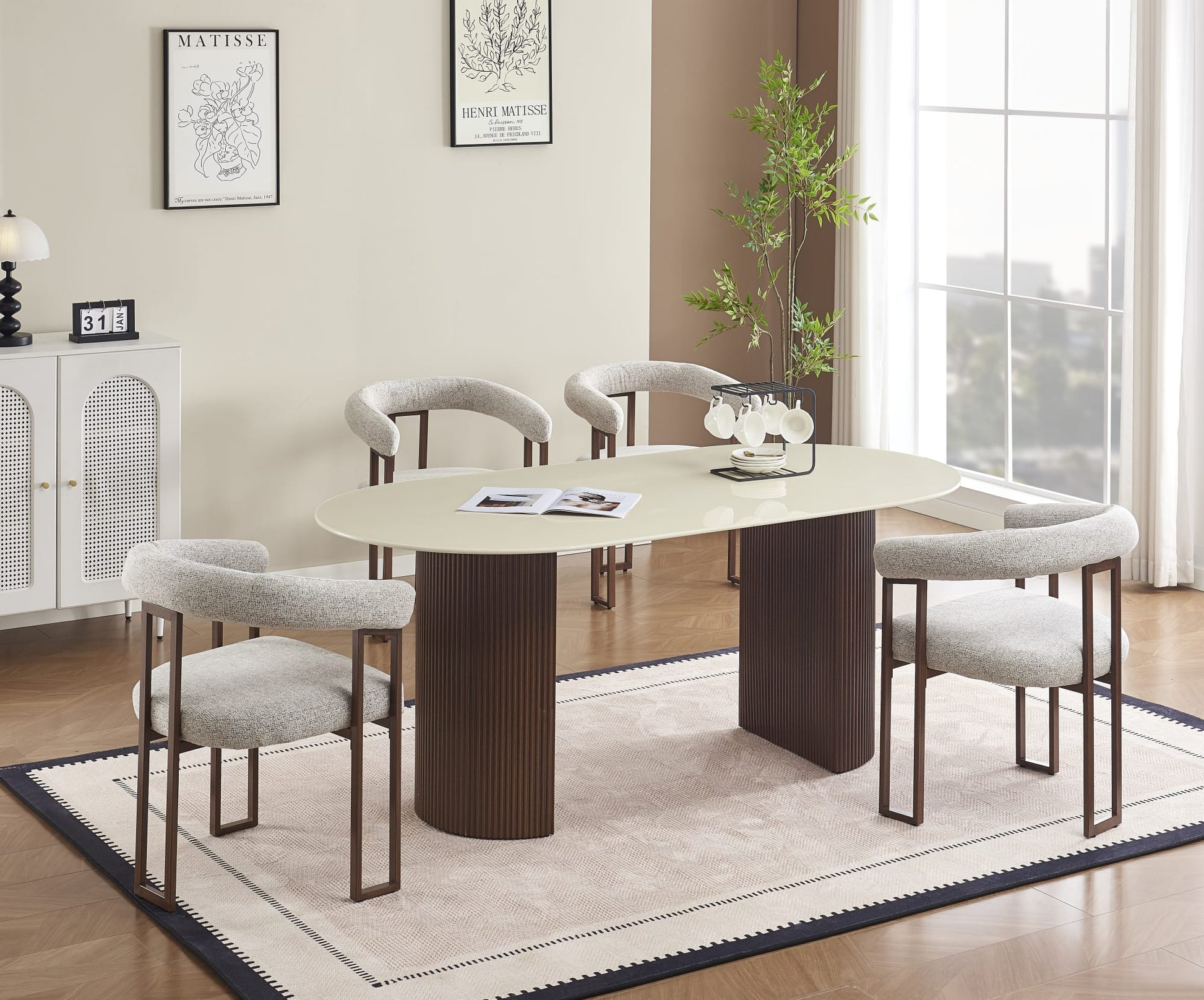 TABLE A MANGER ANNA PIED METAL EFFET NOYER PLATEAU CERAMIQUE BEIGE BRILLANT 180x90x75cm