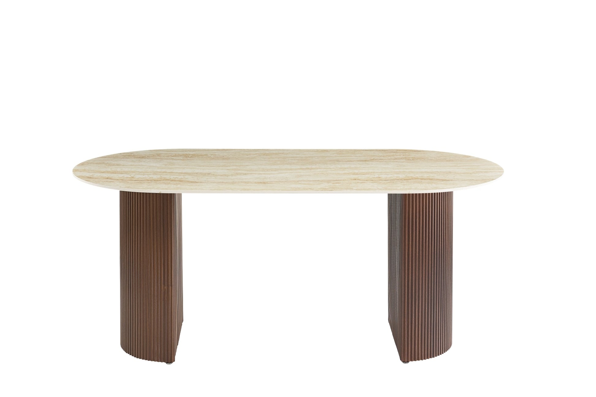 TABLE A MANGER ANNA PIED METAL EFFET NOYER PLATEAU CERAMIQUE TRAVERTIN BRILLANT 180x90x75cm