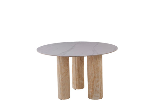 TABLE REPAS ANAÏS PIEDS METAL TRAVERTIN PLATEAU CERAMIQUE MARBRE BLANC 120 CM