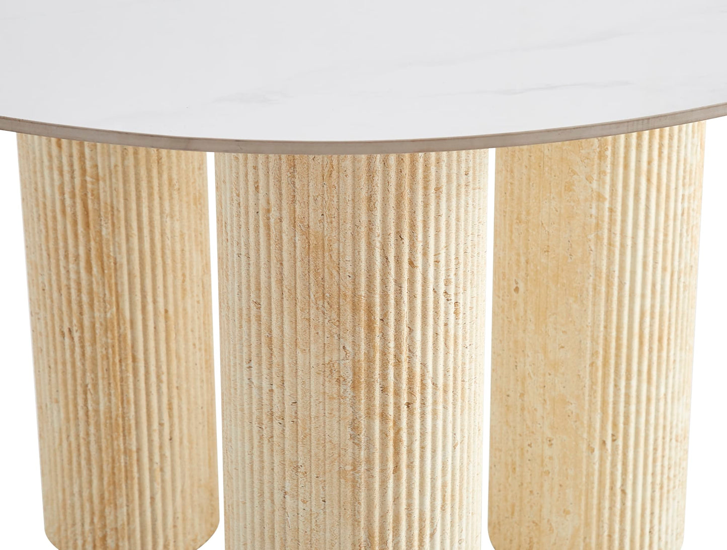 TABLE REPAS ANAÏS PIEDS TRAVERTIN PLATEAU CERAMIQUE MARBRE BLANC 120CM