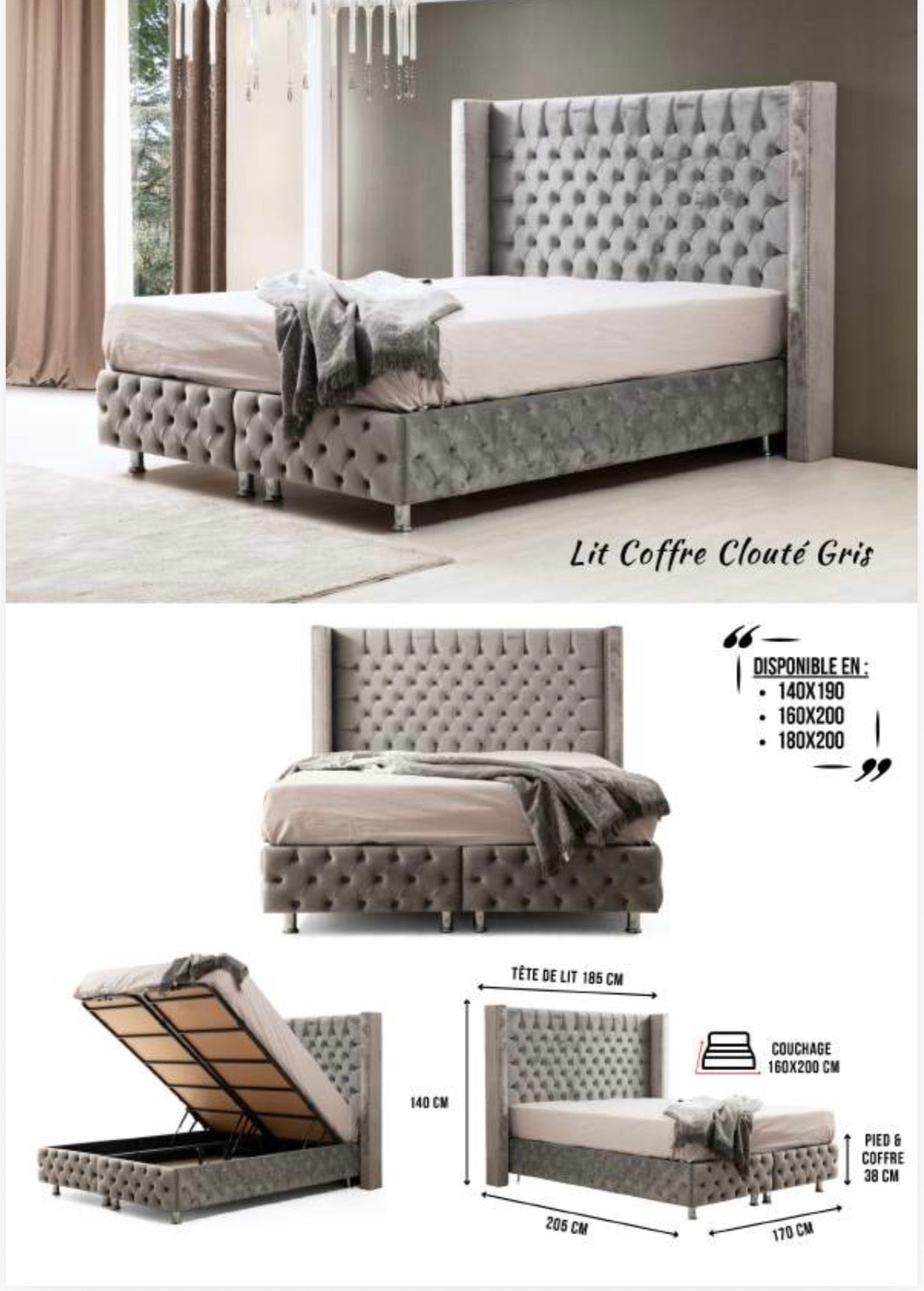 Lit Coffre CLOUTE GRIS