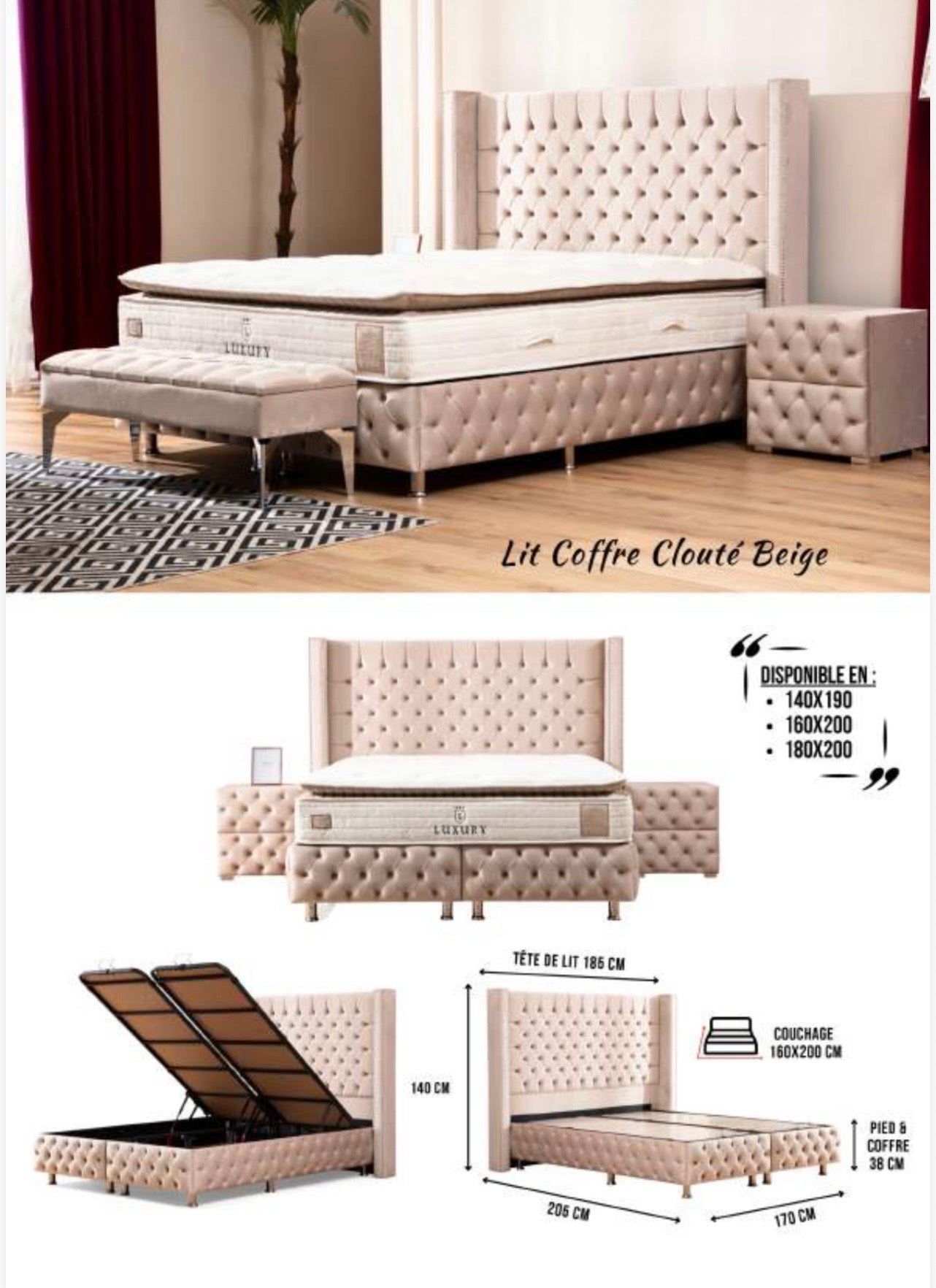 Lit Coffre CLOUTE Beige
