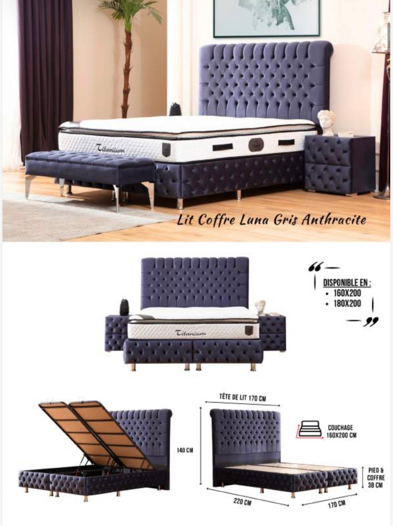 LIT COFFRE Luna Gris Anthracite