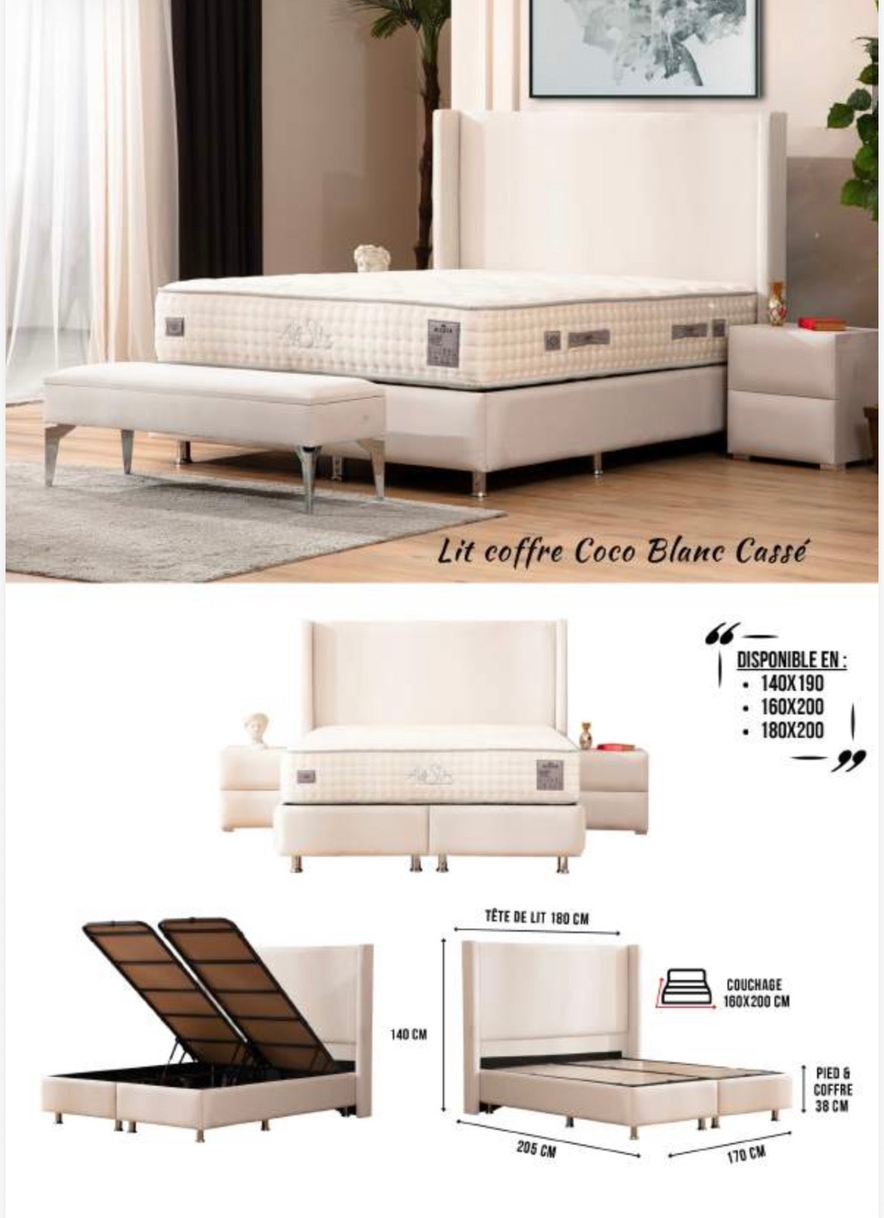 Lit Coffre COCO BLANC ECRU - Velours